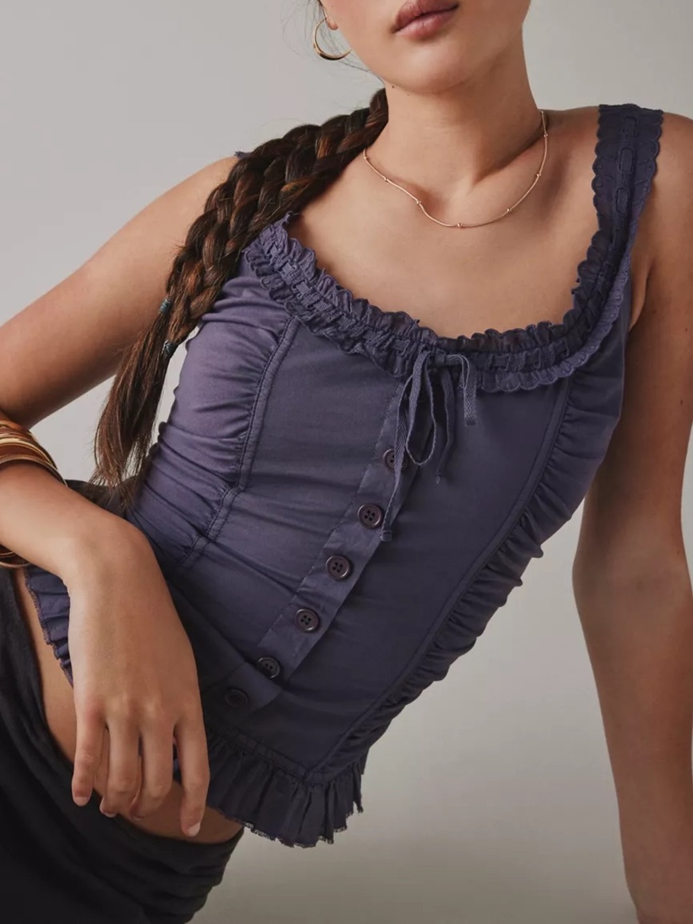 URBAN OUTFITTERS UO Kimchi Blue Aimee Ruffle Button-Front Corset Tank Top L NWOT